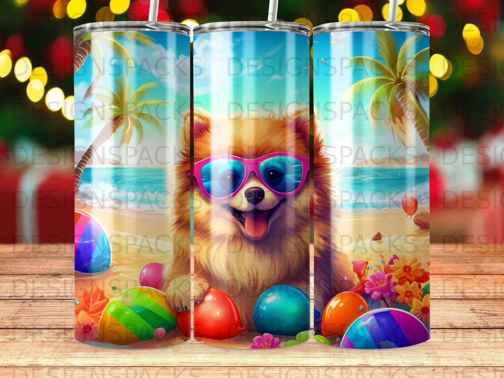 Pomeranian dog wearing sunglasses at a beach with colorful balls.