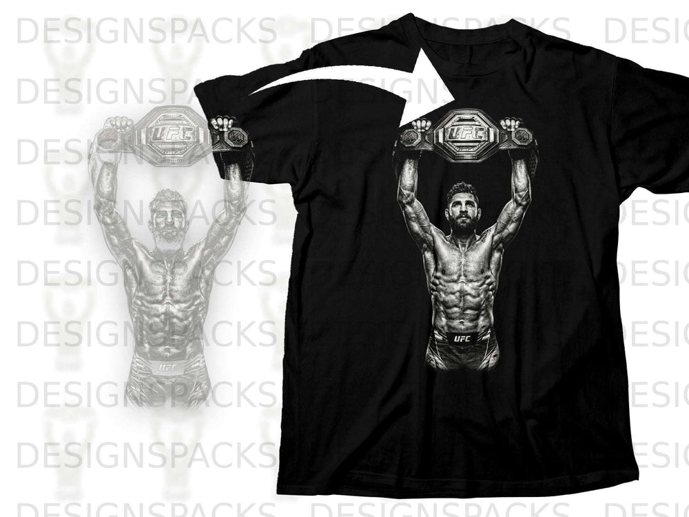 Black t-shirt with UFC fighter holding championship belt above head.