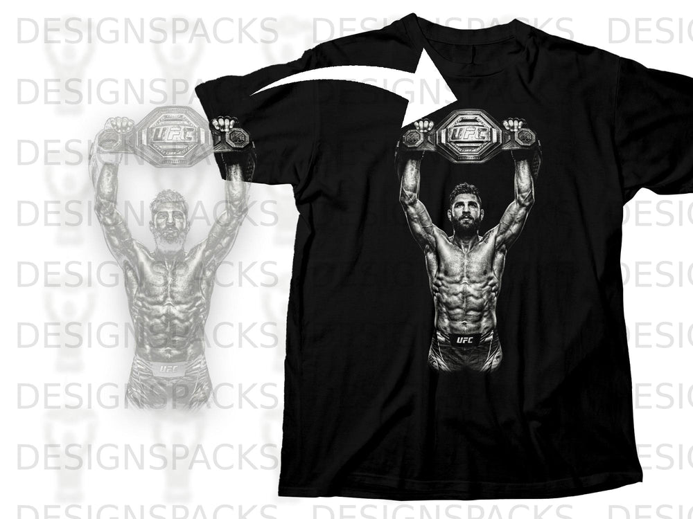 Black t-shirt with UFC fighter holding championship belt above head.