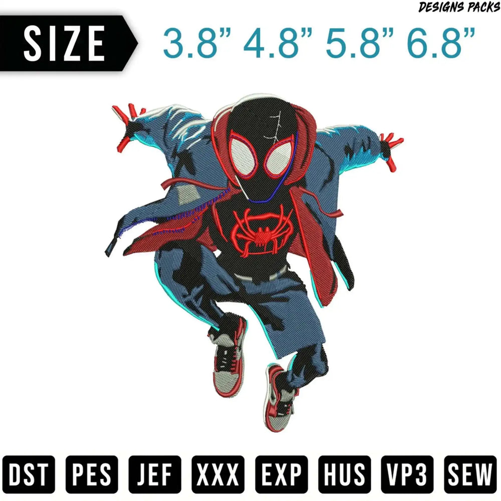 Miles Morales as Spider-Man, sizes 3.8 to 6.8 inches, embroidery file formats.