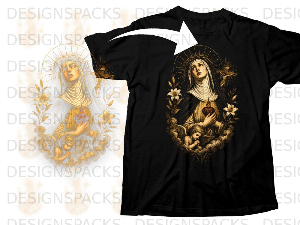 Black t-shirt with religious art of Mary, Jesus on cross, and cherubs.