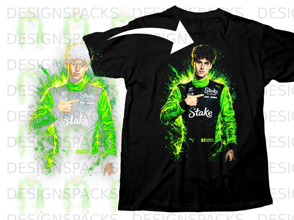 Graphic of a young man in a green racing suit on a black t-shirt.