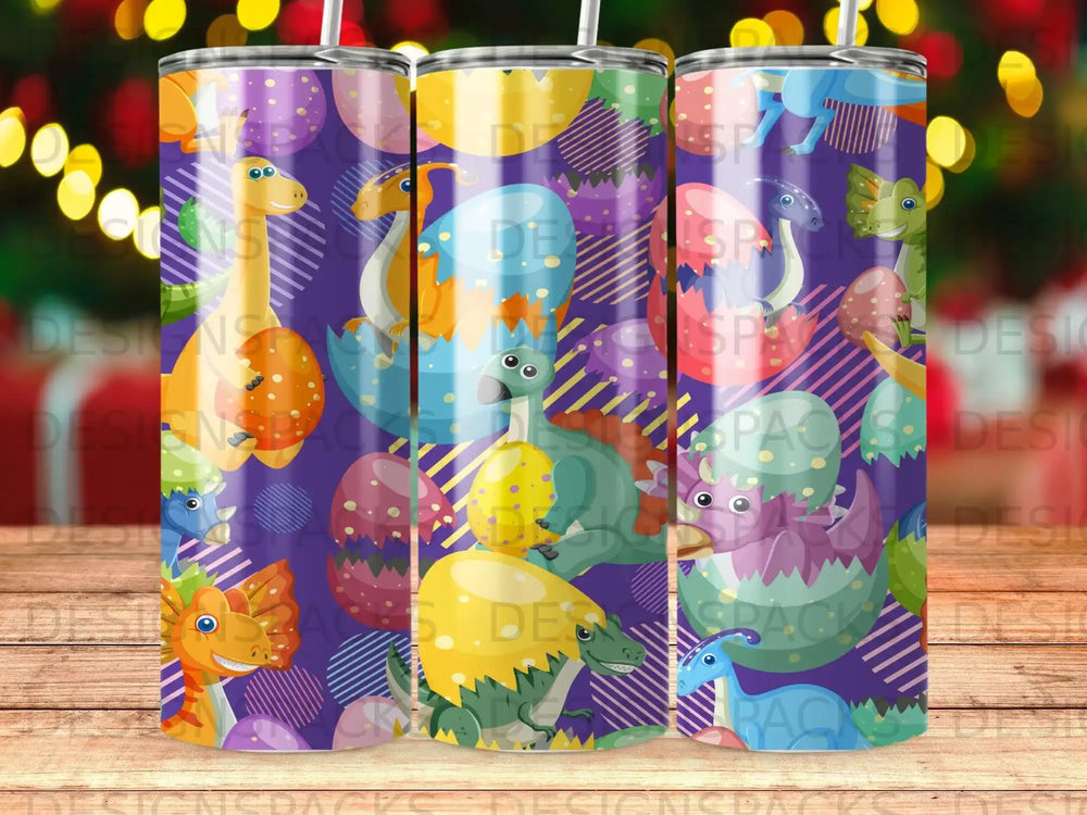 Colorful dinosaurs hatching from eggs with geometric patterns and purple background.