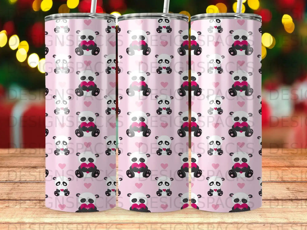 Pink tumbler with a repeating pattern of white pandas hugging pink hearts.
