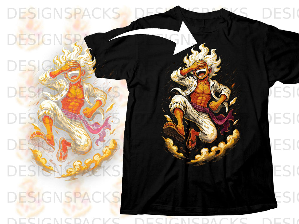 Black t-shirt with a graphic of a jumping anime character with fiery hair and an orange and white outfit.