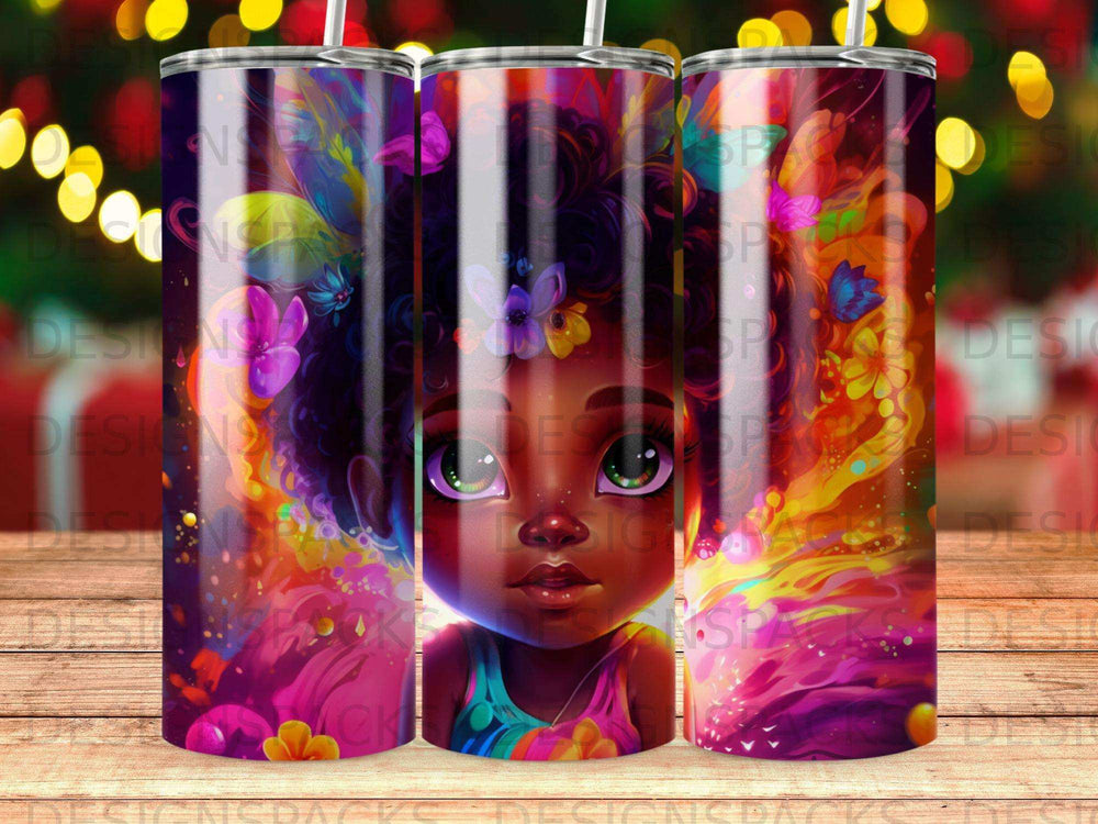 Colorful tumbler featuring a young Black girl's face with vibrant floral accents.