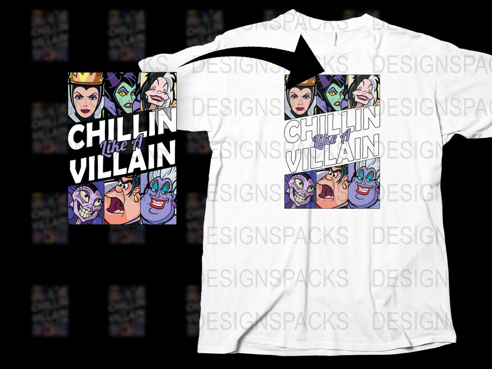 Chillin' Like a Villain Graphic T-Shirt, Disney Villains Tee, Maleficent Ursula Cruella, Fun Cartoon Design, Unisex Fashion Shirt
