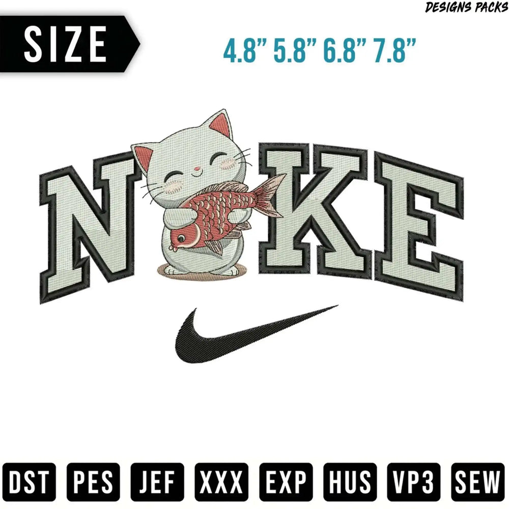 Embroidered cat with fish in front of Nike logo, with size and file format text.