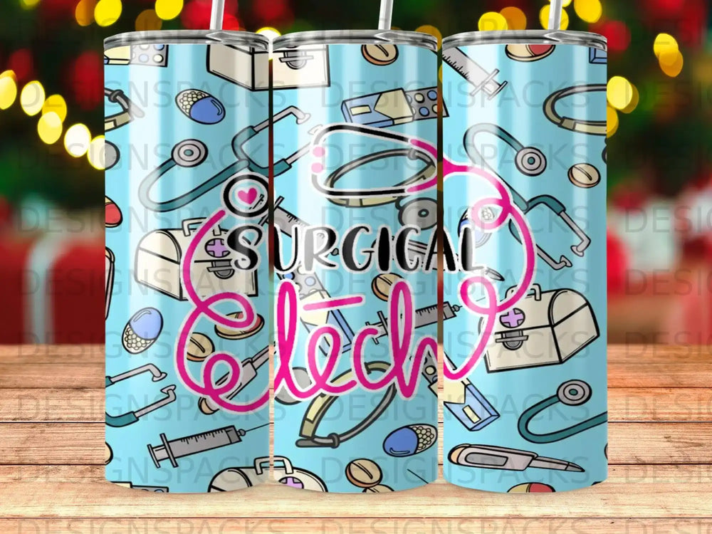 Blue tumbler with stethoscope, heart, and medical icons, text "Surgical Tech".