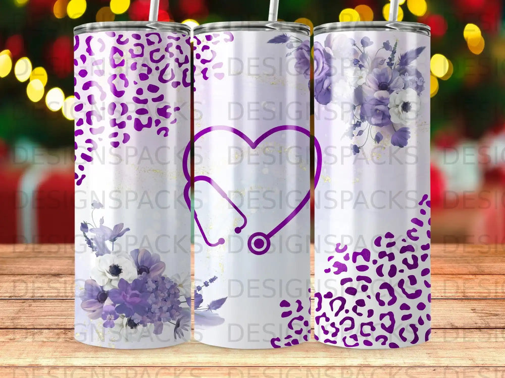Purple leopard print and floral stethoscope tumbler with "DESIGNS PACKS" watermark.