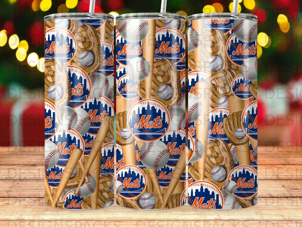 New York Mets baseball equipment pattern on a tumbler.