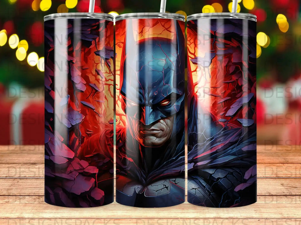 Batman's intense face framed by abstract red and blue designs.