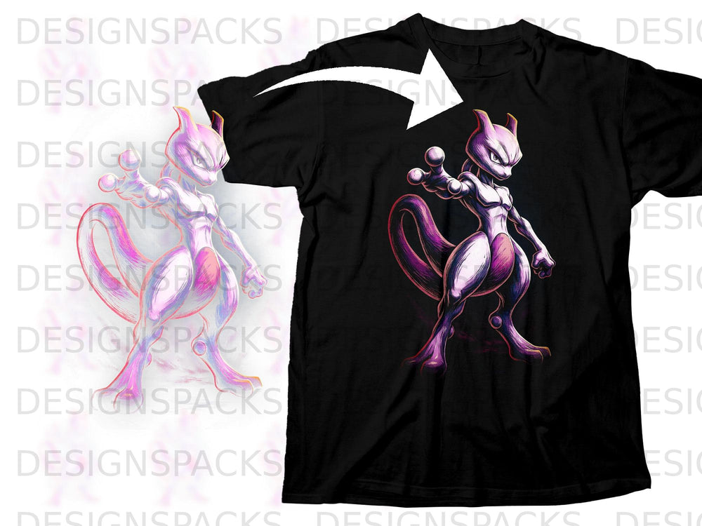 Black t-shirt featuring a purple and white Mewtwo character design.