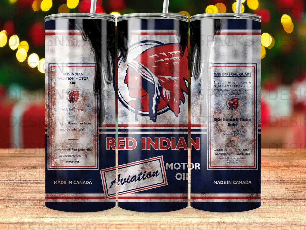 Red Indian Aviation Motor Oil can with Native American chief graphic.