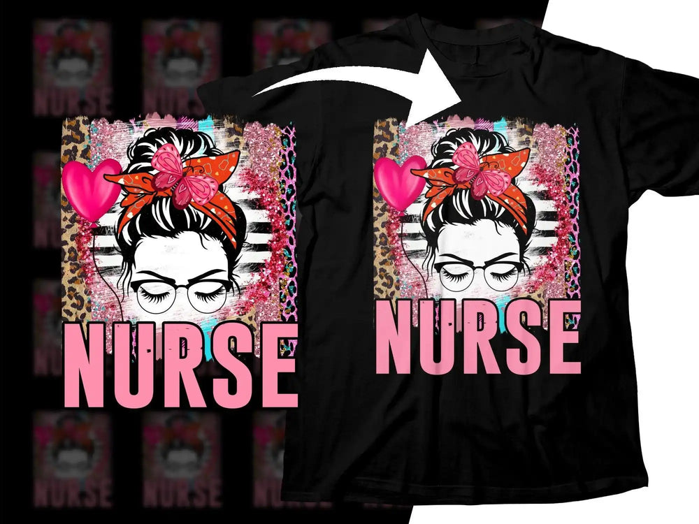 Nurse t-shirt design with glasses, bow, and pink heart, print-ready for DTG or DTF