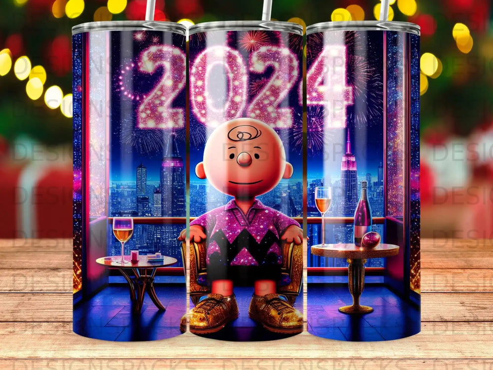 Charlie Brown in sequined shirt sits by a city view, 2024 fireworks above.