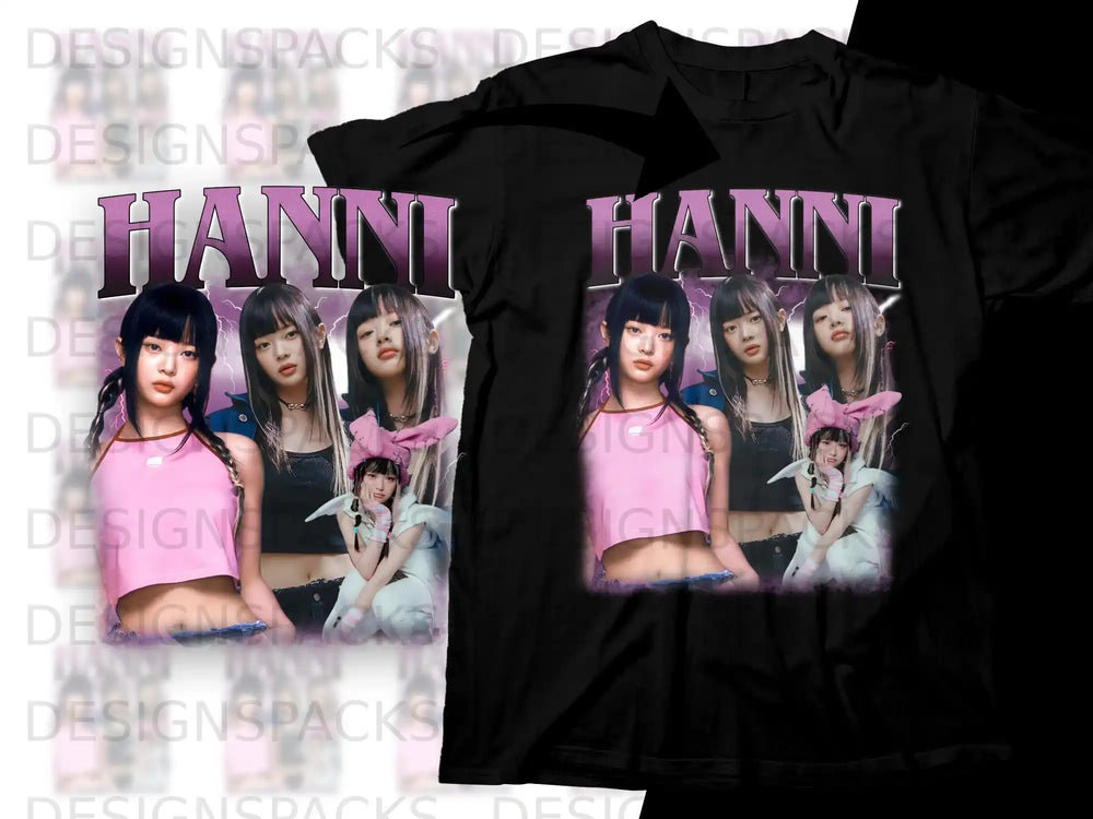 Hanni in pink top and black shorts poses with other NewJeans members.