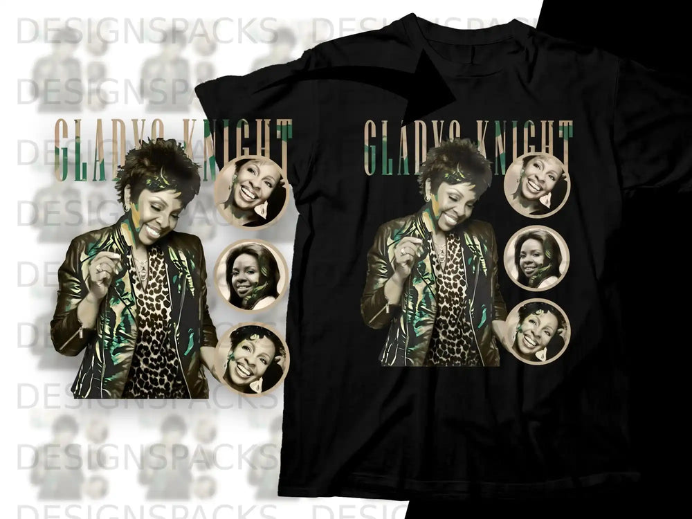 Gladys Knight collage on black t-shirt, with leopard print and portrait elements.