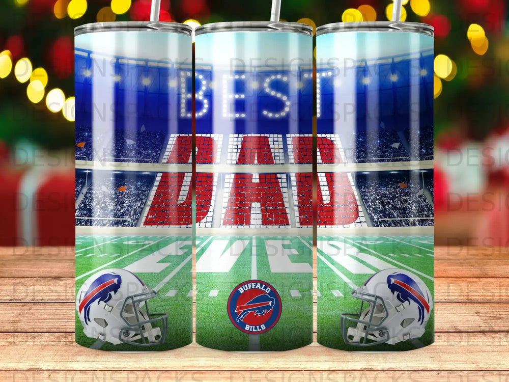 Buffalo Bills dad tumbler with stadium and helmet graphics.