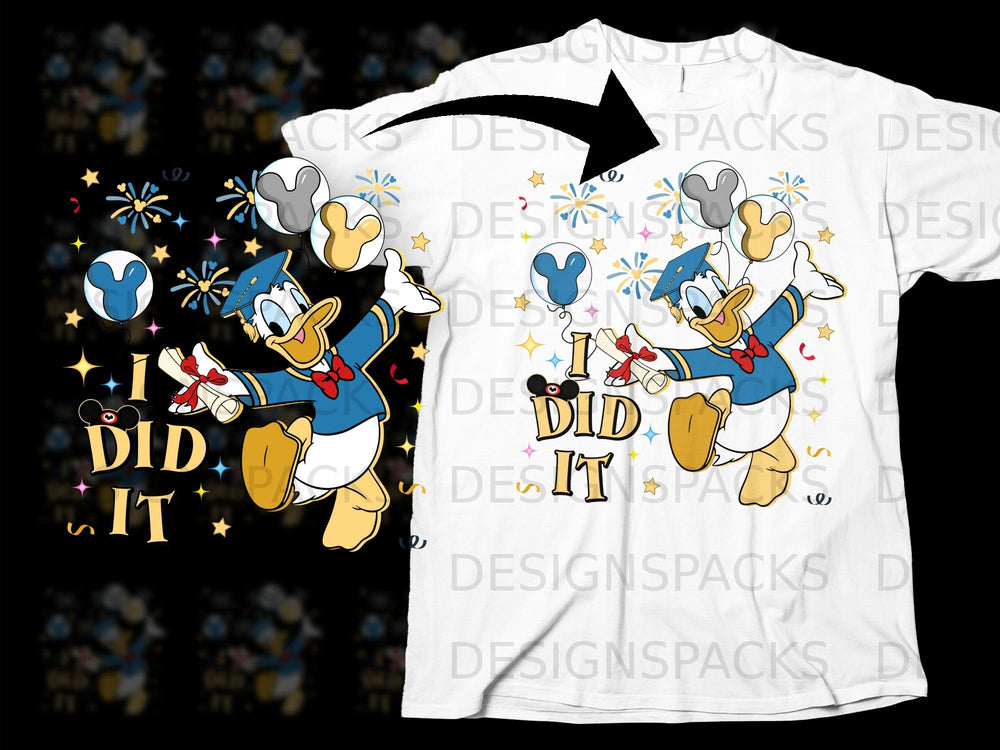 Donald Duck in graduation cap holding diploma and balloons with text "I DID IT".