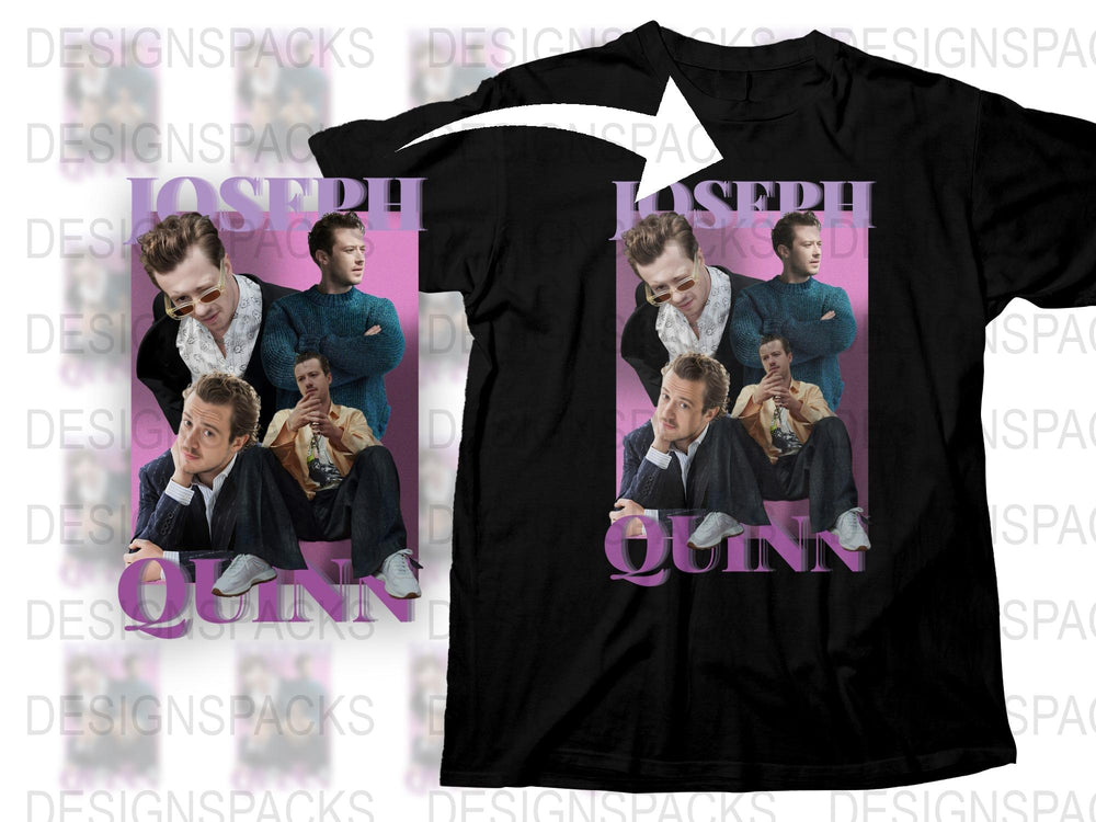 Vintage Joseph Quinn Graphic T-Shirt, Retro 80s Style, Unisex Tee, Multiple Poses, Purple Text, Fashionable Casual Wear