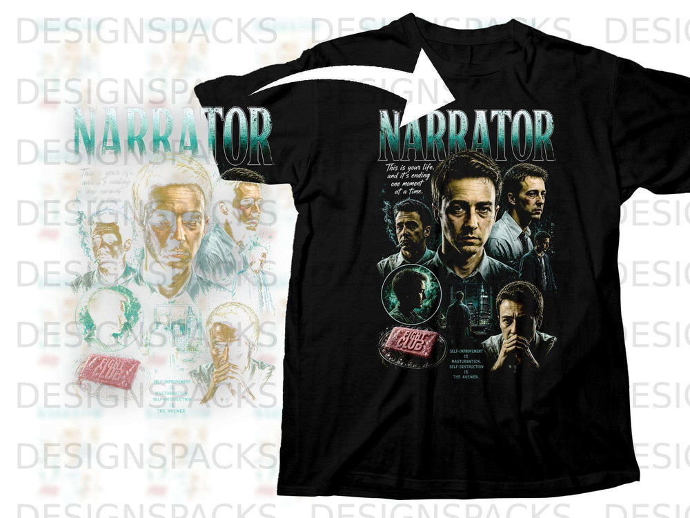 Fight Club Narrator graphic tee with text and character collages.
