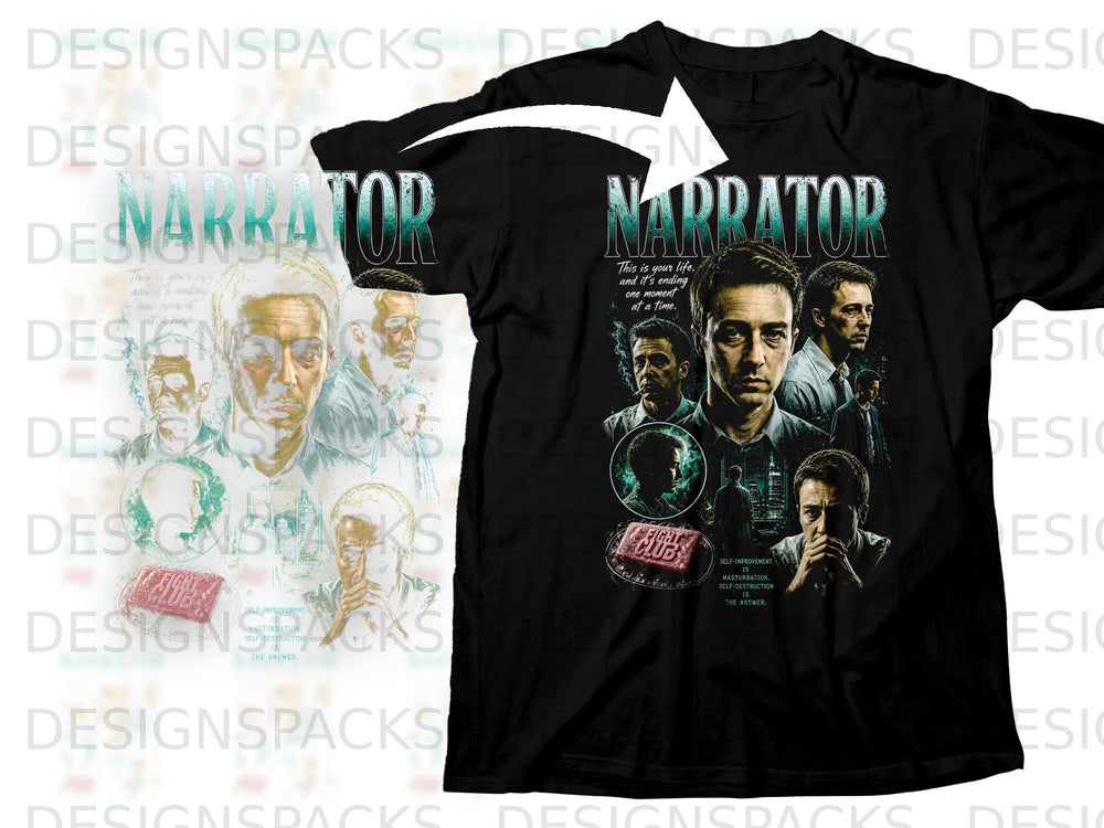 Fight Club Narrator graphic tee with text and character collages.