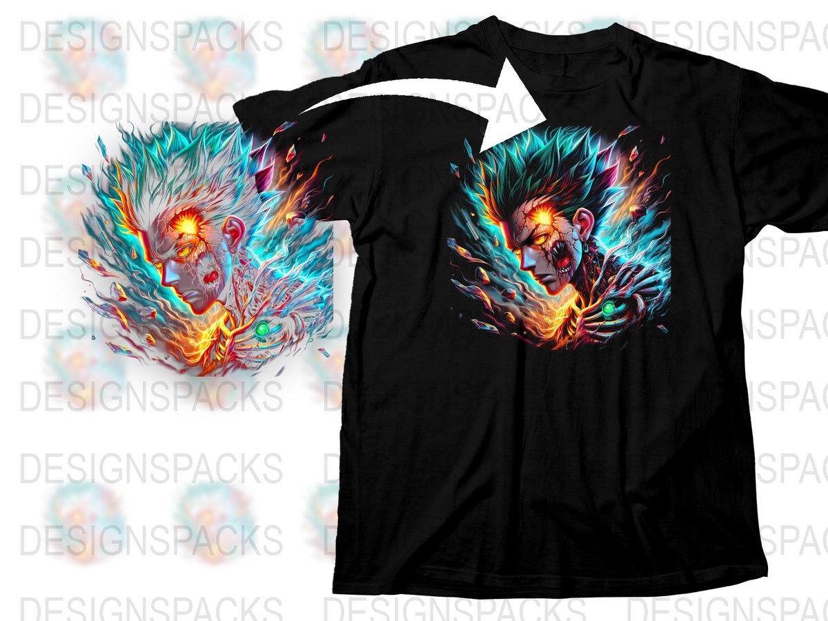 Colorful Fire Zombie Graphic T-Shirt, Unique Fantasy Art Tee, Vibrant Men's Fashion, Horror Illustration Cotton Shirt