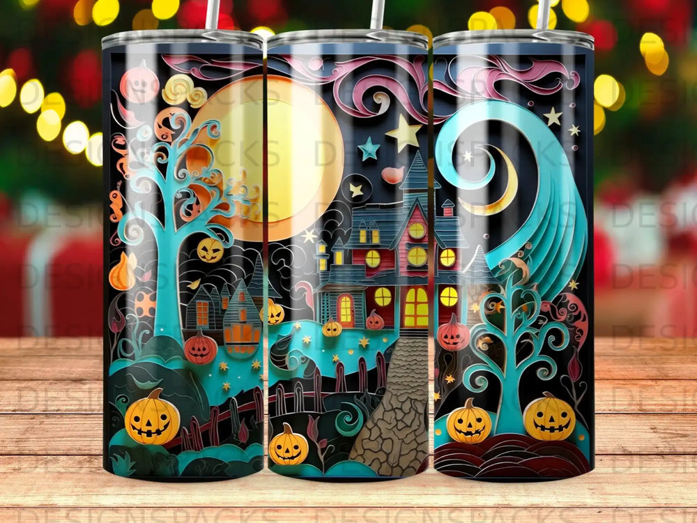 Halloween tumbler with haunted house, pumpkins, moon, and trees.