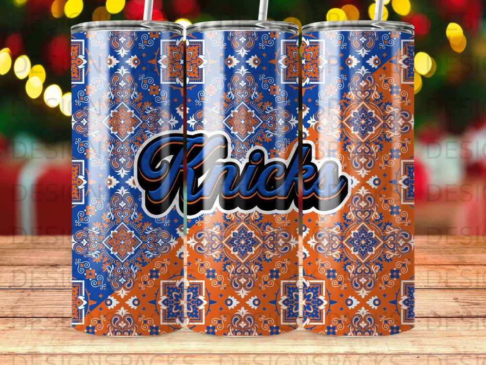 Blue and orange bandana pattern tumbler with "Knicks" text.