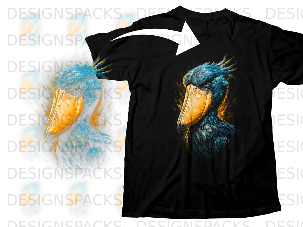 Black t-shirt with a detailed blue and yellow shoebill stork graphic.