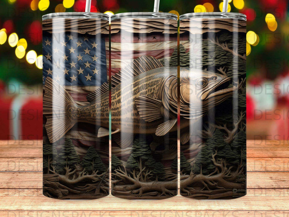 Fish and US flag pattern on a tumbler.