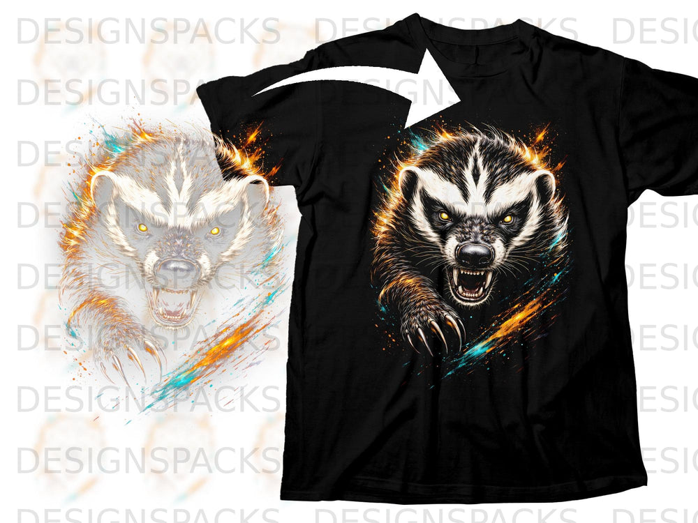 Black t-shirt with a fierce badger graphic and fiery, explosive accents.