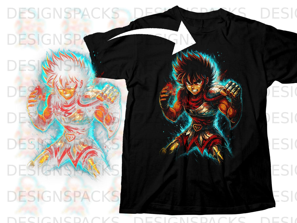 Black t-shirt with anime character graphic of a warrior with fiery aura.