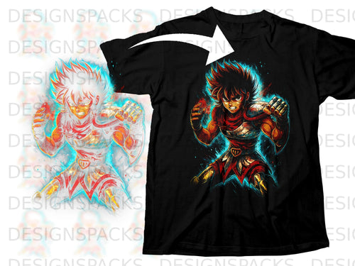 Black t-shirt with anime character graphic of a warrior with fiery aura.