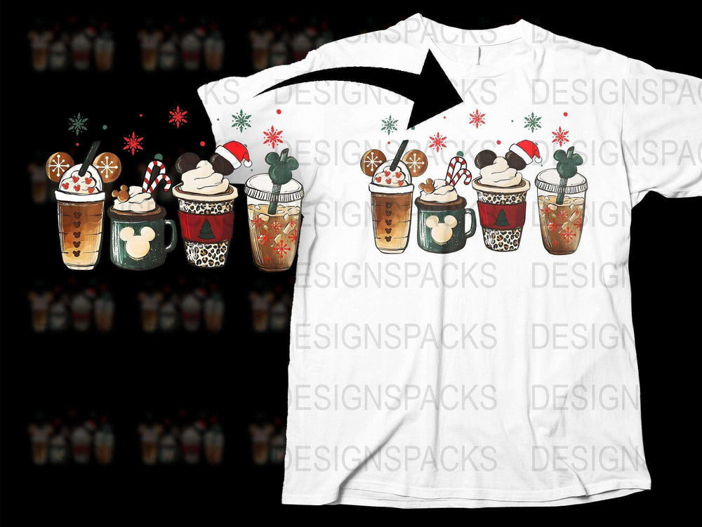 Festive Holiday Coffee Cups T-Shirt, Christmas Drinks Design, Winter Graphic Tee, Unisex Fashion