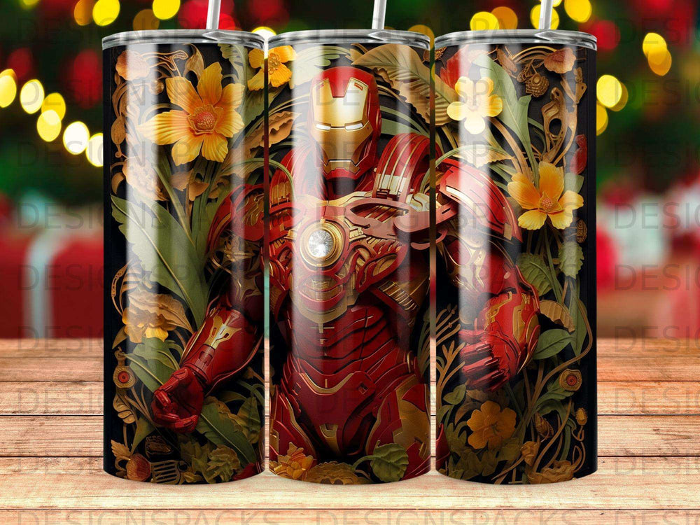 Iron Man in armor surrounded by flowers and foliage.