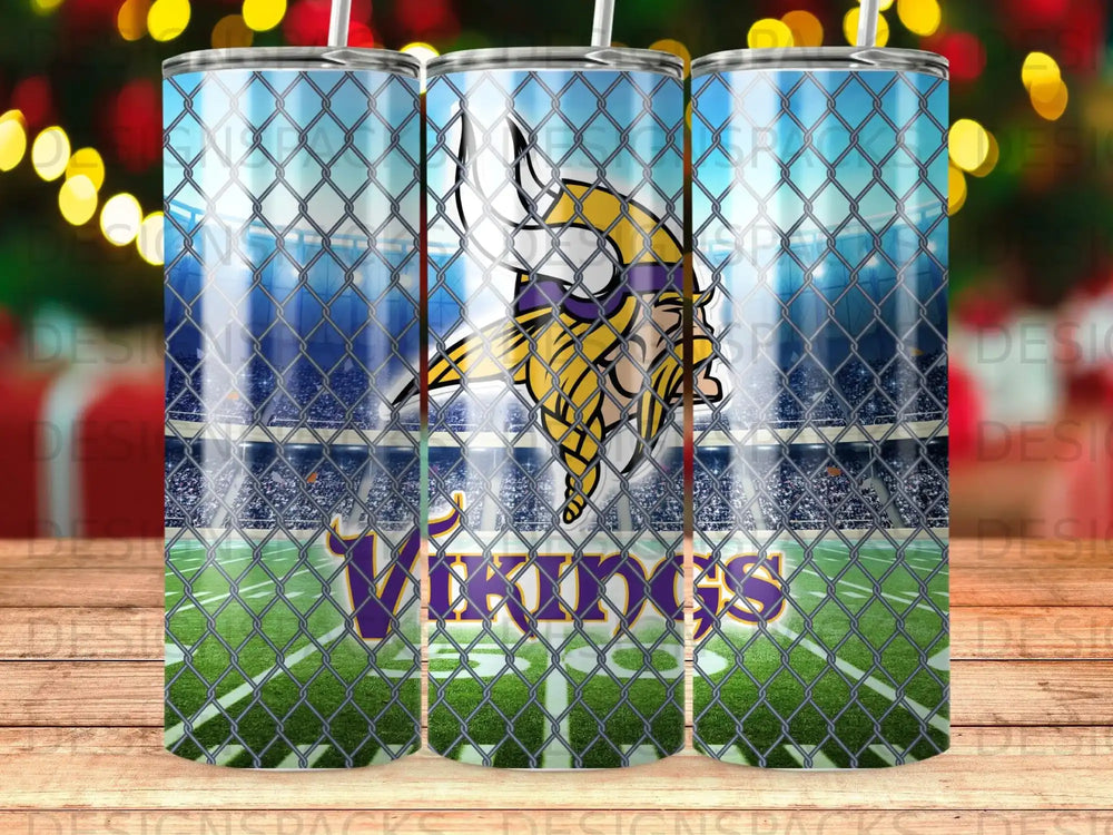 Minnesota Vikings helmet and logo on stadium background with fence overlay.