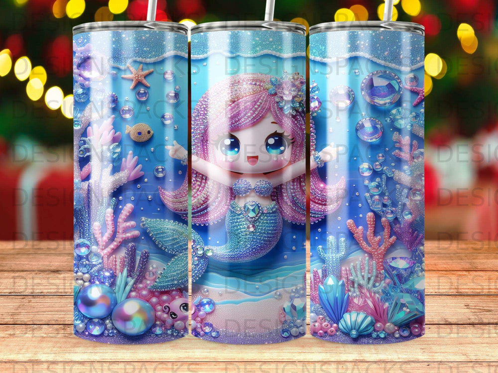 Mermaid with pink hair, blue tail, surrounded by seashells and colorful coral.