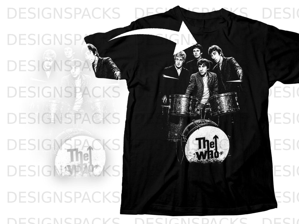 The Who band members in front of drum set with band logo on black t-shirt.