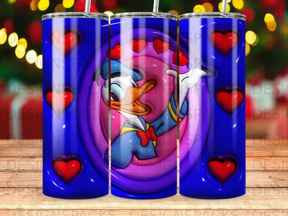 Donald Duck character wearing a blue jacket and red bowtie with hearts pattern.