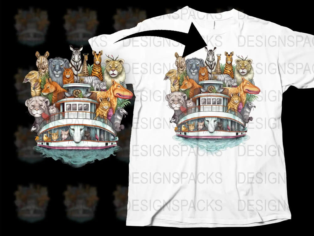 Unique Animal Party Boat Graphic T-Shirt, Whimsical Carousel Creatures Design, Trendy Fantasy Art Tee for All Ages