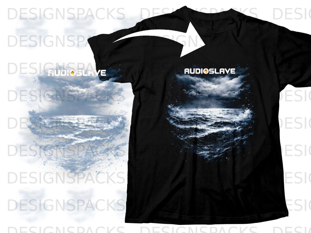Black Audioslave t-shirt with stormy sea graphic and logo.
