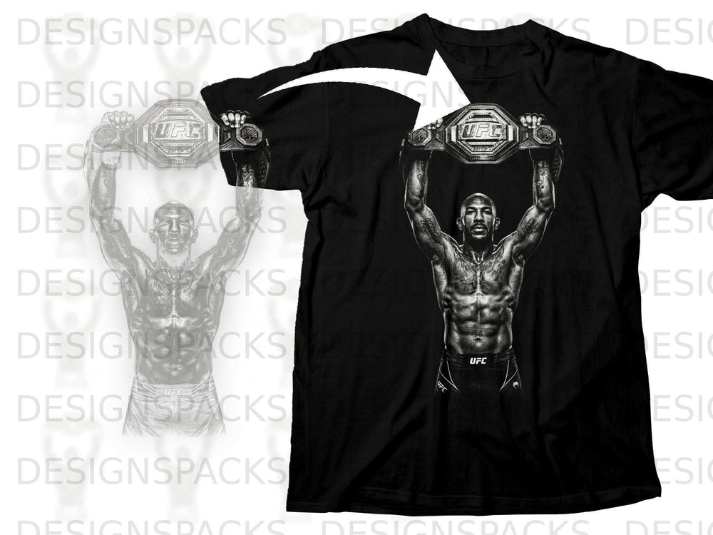 Black t-shirt with graphic of fighter holding UFC belt overhead.
