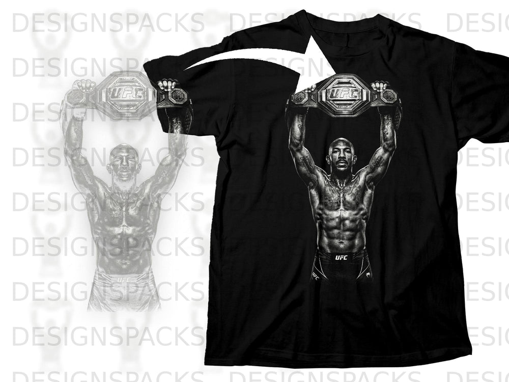 Black t-shirt with graphic of fighter holding UFC belt overhead.