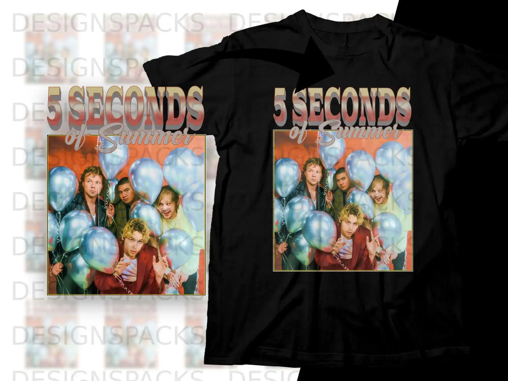 5 Seconds of Summer band members with balloons on a t-shirt design.