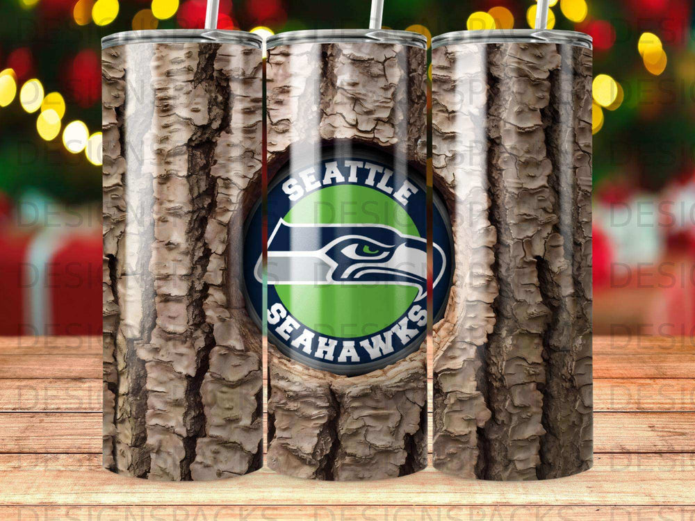 Seattle Seahawks logo on a wood grain tumbler.