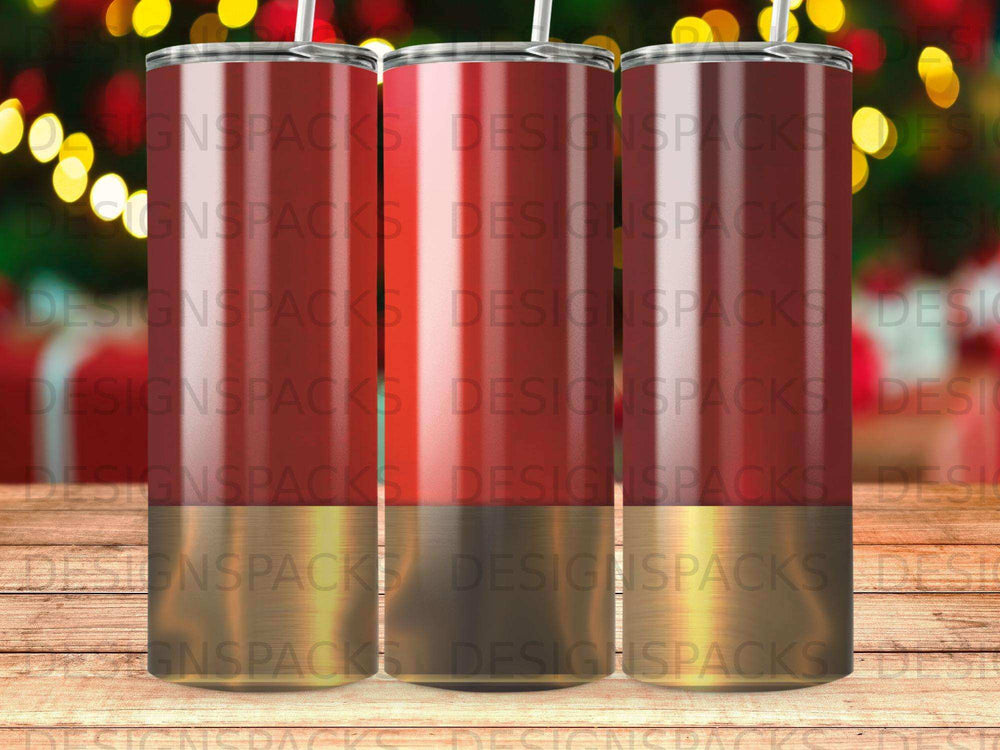 Three metallic tumblers with red, gold, and silver stripes.
