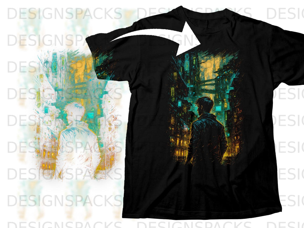 Black t-shirt with graphic of a person facing a futuristic, neon-lit city.