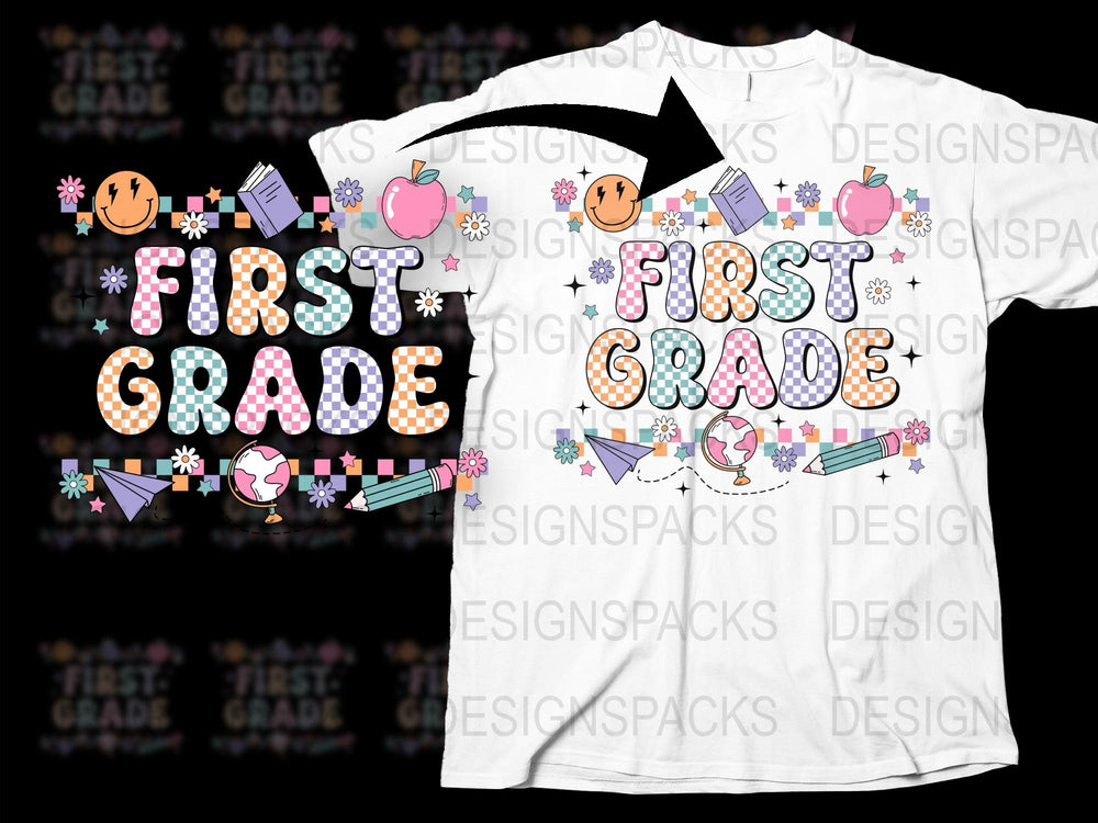 First Grade Teacher T-Shirt, Cute Back to School Tee, Colorful Apple and Pencil Design, Unisex Kids Fashion